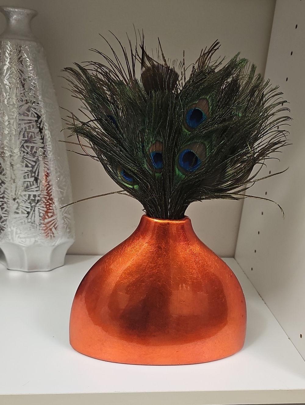 Metallic Orange Decorative Vase With Peacock Feathers - Unbranded  Base 6"Hx8"W